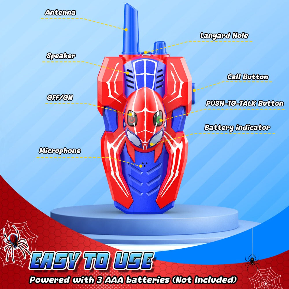 Spider Walkie Talkies for Kids, 2-Pack with Push-to-Talk and Lanyard Holes
