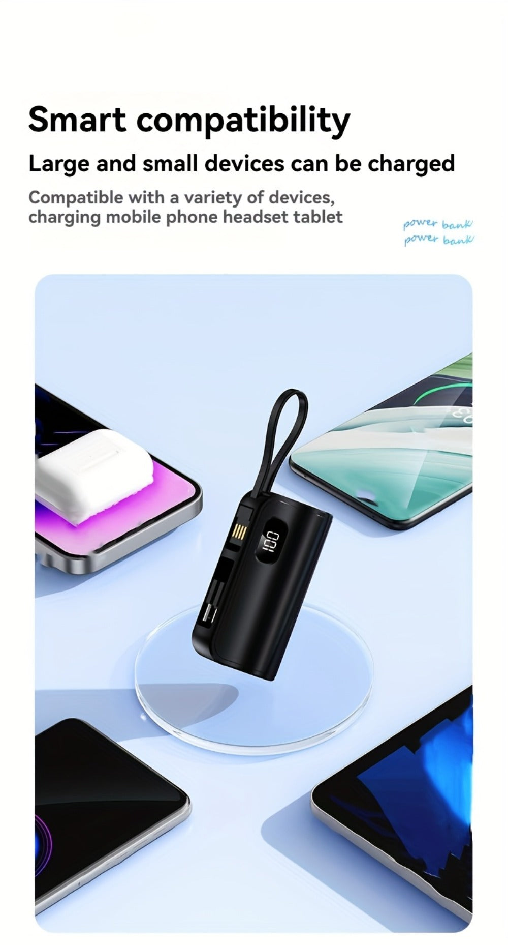 Mini Power Bank 6000mAh LCD Digital Display 22.5W Fast Charging Portable Battery Pack Gift Set with Data Cable Bracelet iPhone USB-C Android Pink Black Purple