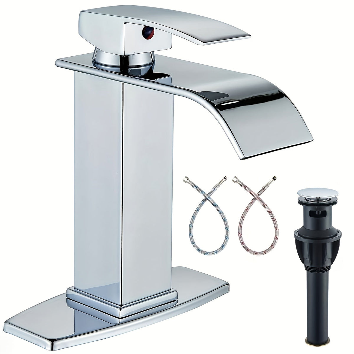 Waterfall Bathroom Faucet Single Handle - Modern Sink Faucet with Valve, Chrome & Matte Black & Brushed Nickel & Brushed Gold Finish, 1 or 3-Hole Deck Mount, G9/16 Threads, Water Supply Lines Included