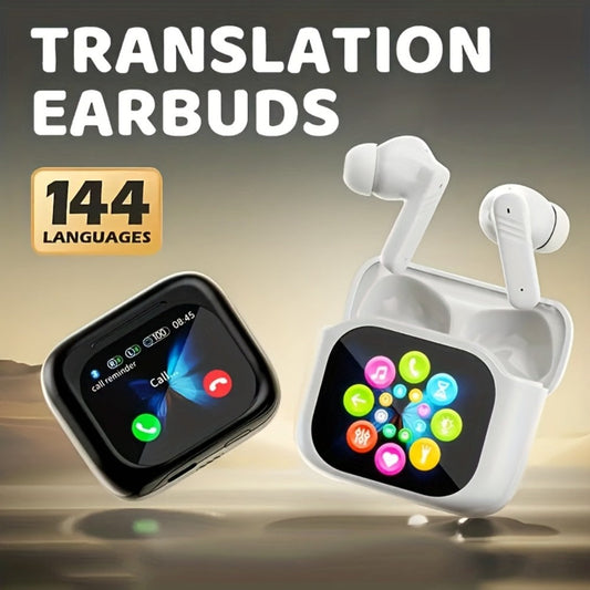 ENC Translation Earbuds Wireless 5.4 Real-Time Language Translation In-Ear Noise Cancellation Full-Color Touch Display Stereo Audio Type-C Charging Black White