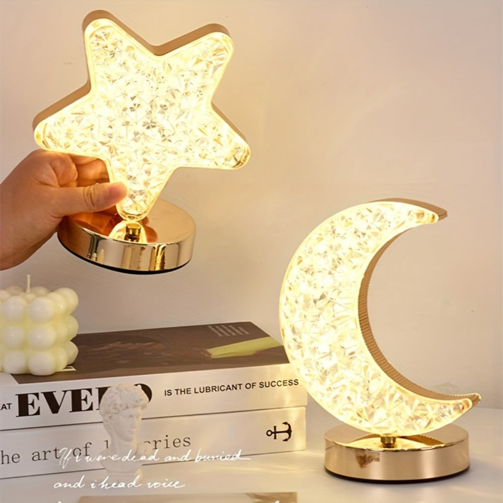 Crystal Touch Table Lamp Rechargeable – Moon & Star Dimmable LED Night Light with 3-Color Modes for Bedroom, Living Room & Christmas Decoration