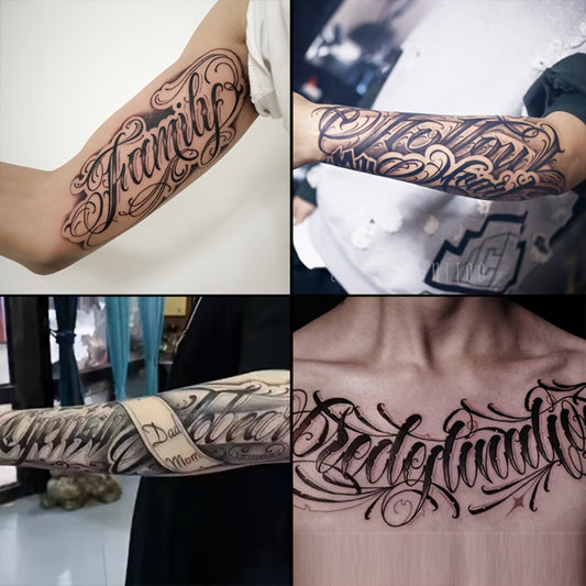 Semi-Permanent Tattoo Stickers with English Letter & Word Designs, Herbal Waterproof Fake Tattoos, 4 Sheets
