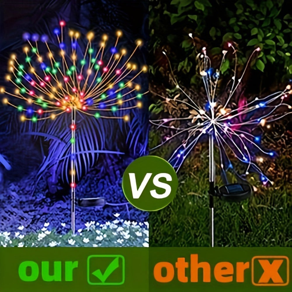Solar Firework Stake Lights Outdoor 2 Pack - Touch Control Dimmable Starburst Ground Lights Warm White & Colorful 120 to 840 LEDs for Garden Pathway Lawn Party Wedding Christmas Halloween Decoration