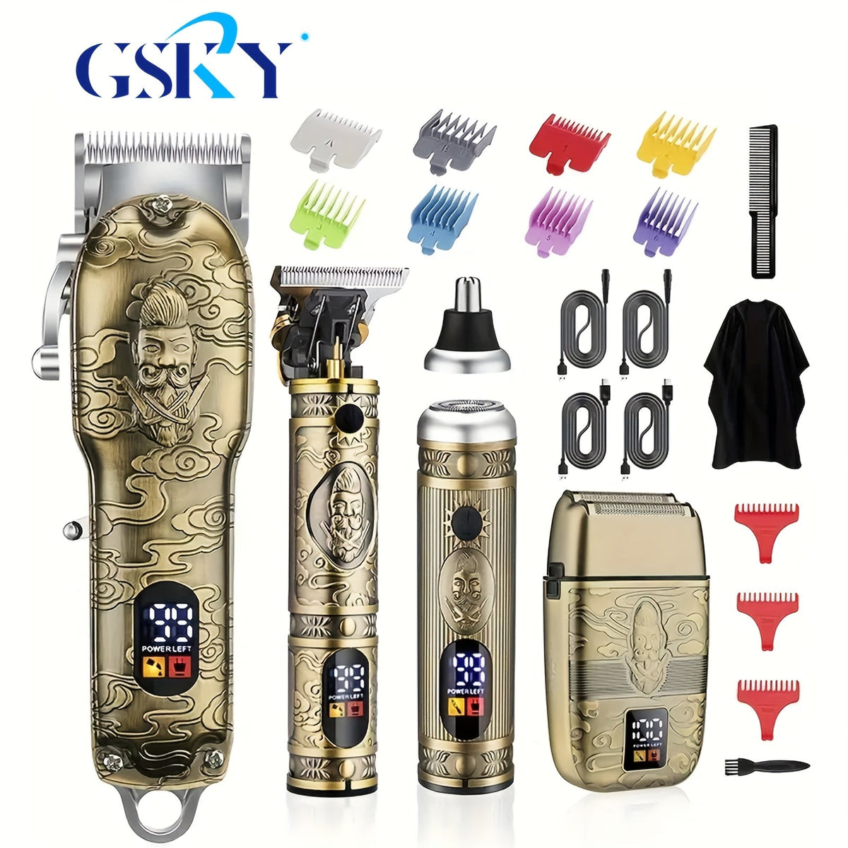 Professional Hair Clippers Trimmer Set for Men - T-Blade Trimmer Nose Hair Trimmer Electric Razor LCD Display USB Rechargeable Zinc Alloy Ergonomic Grooming Kit Bronze