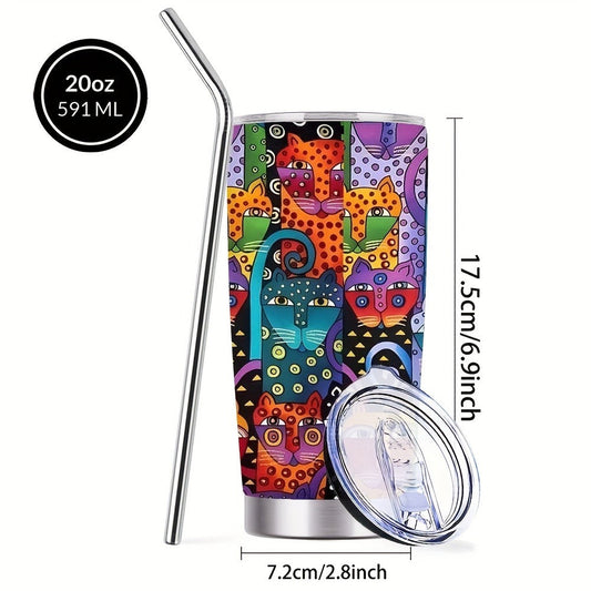 Insulated Cat Tumbler, 20 oz Abstract Design with Lid and Straw