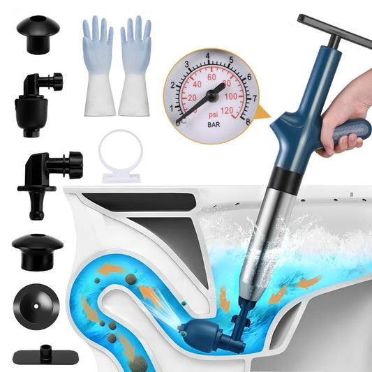Air Drain Blaster with Pressure Gauge, Manual Stainless Steel Plunger, Green