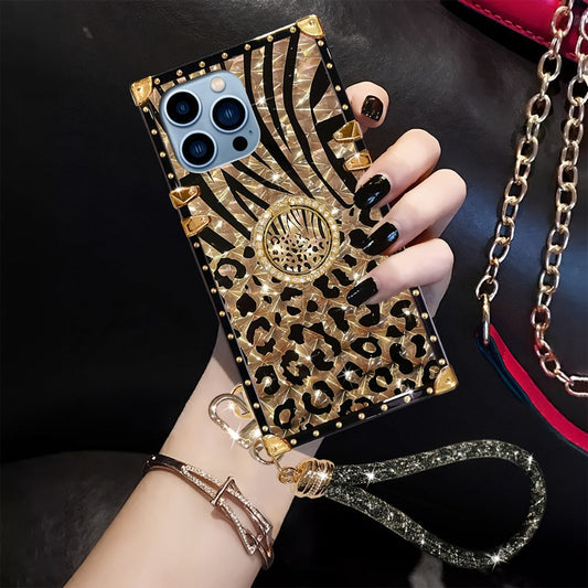 Leopard Print iPhone Case with Ring Buckle Stand Anti-Drop Fashion Rectangular Cover for iPhone 16 Pro Max 15 Pro Max 15 Plus 14 Pro Max 13 Pro Max 12 Pro Max – Trendy Women Girls Kickstand Phone Case