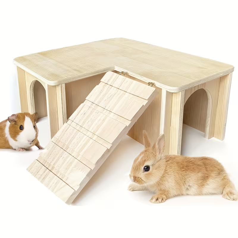 Guinea Pig Hideout House – Wooden Castle with Multiple Chambers & Ladder, Small Animal Habitat Accessory for Hamster, Chinchilla, Dwarf Rabbit, Hedgehog