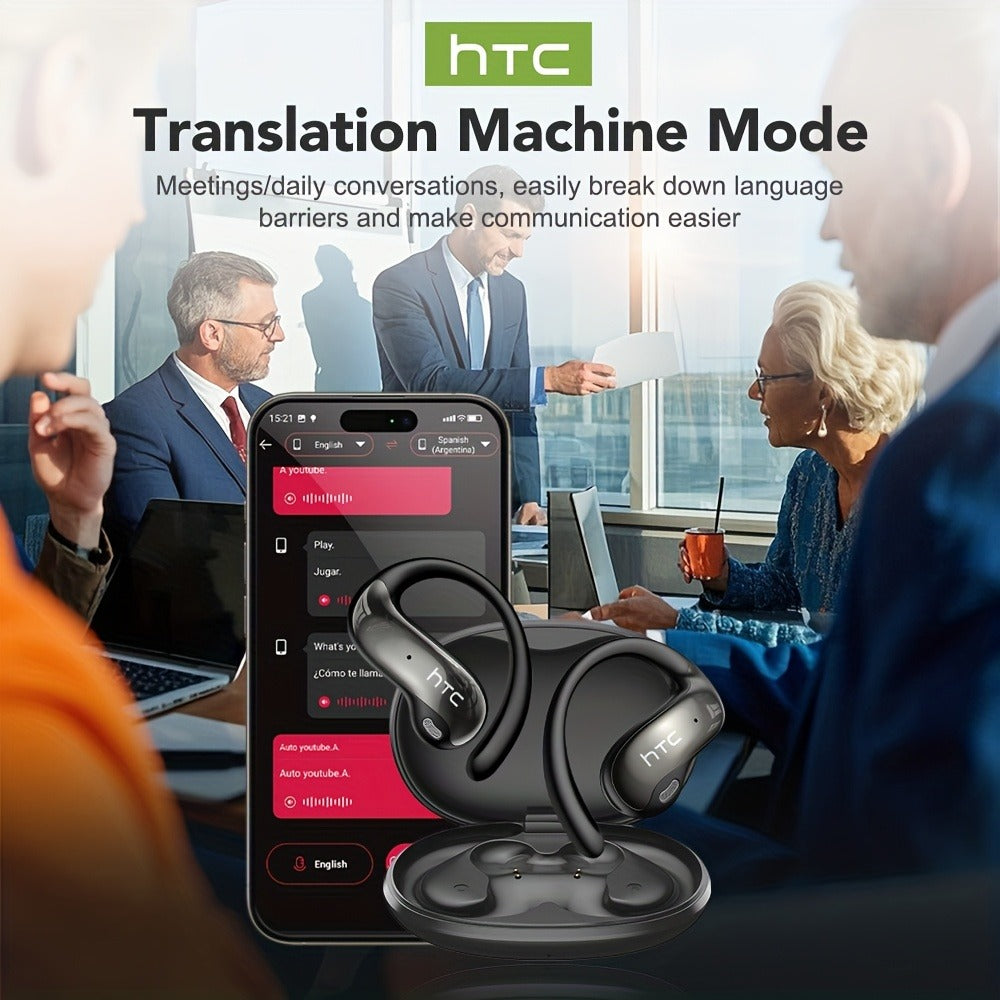 HTC NE19 AI Translation Earbuds TWS 134 Languages, Open-Ear Wireless Bluetooth 5.4 HiFi Audio, Long Battery Life Hands-Free Earphones for Travel Business Sports Casual Daily Use