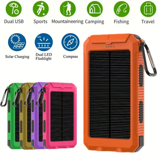 Hiking Solar Power Bank 10000mAh with Compass LED Flashlight & Carabiner Clip – Portable USB Charger for Camping Backpacking Travel Emergency Prep – Works with All Phones, Data Cable & Backpack Hook Included