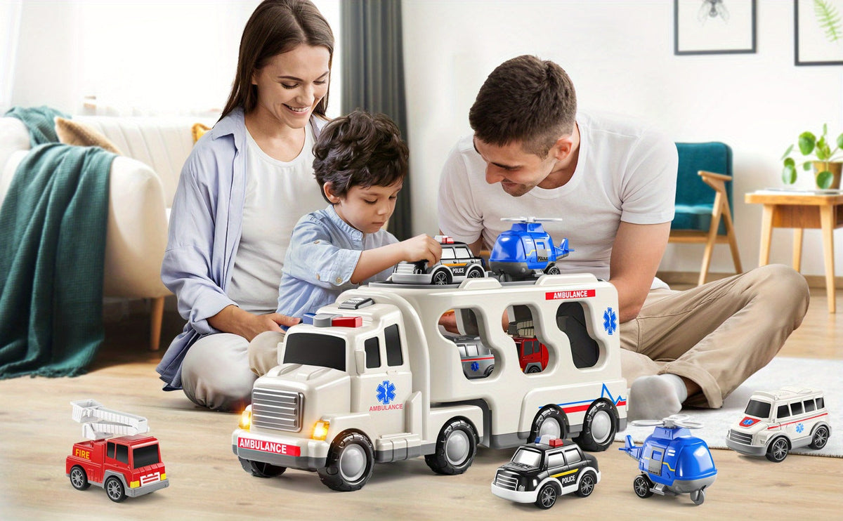 Ambulance Carrier Truck Toy Set, 5-in-1 Emergency Vehicle Playset with Lights & Sounds