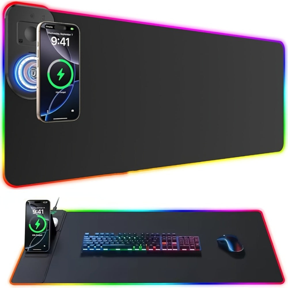 Wireless Charging RGB Mouse Pad Large LED Gaming Desk Mat – Multiple Color Switching, Anti-Slip Wear-Resistant Surface, USB Powered for PC, Keyboard & Gaming Setup | Qi Compatible | 10 Accessories Included