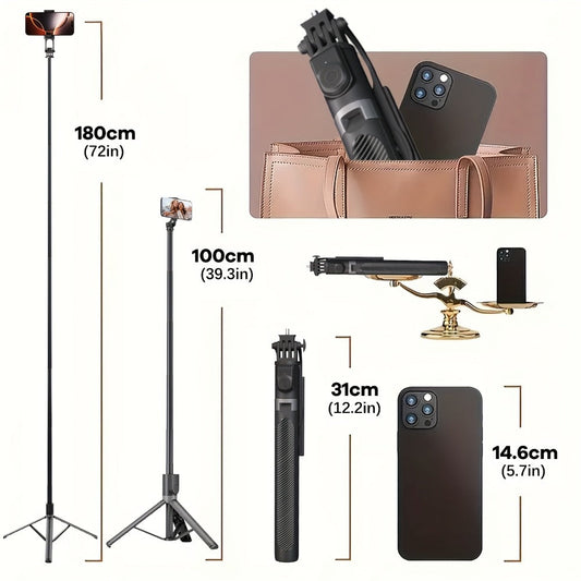 72 Inch Aluminum Tripod Selfie Stick with Wireless Remote & Detachable Phone Holder – Retractable 6-Foot Portable Cell Phone Stand for iPhone Android Camera, Vlogging TikTok Live Streaming Photography