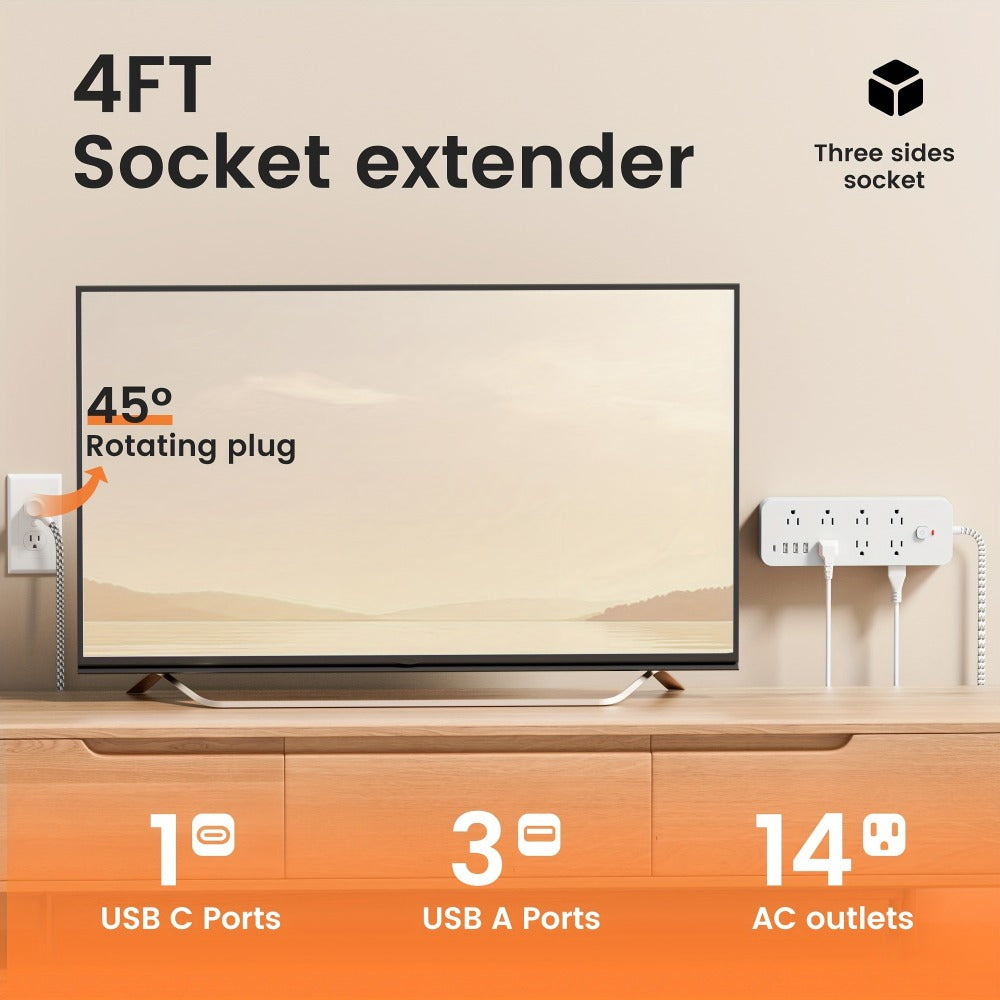 14-Outlet Power Strip Surge Protector 18-in-1 with 14 AC Outlets 3 USB-A 1 USB-C Port Independent Switch Overload Protection Multi-Plug Charging Station for Living Room Bedroom Bedside Office Balcony – Black & White