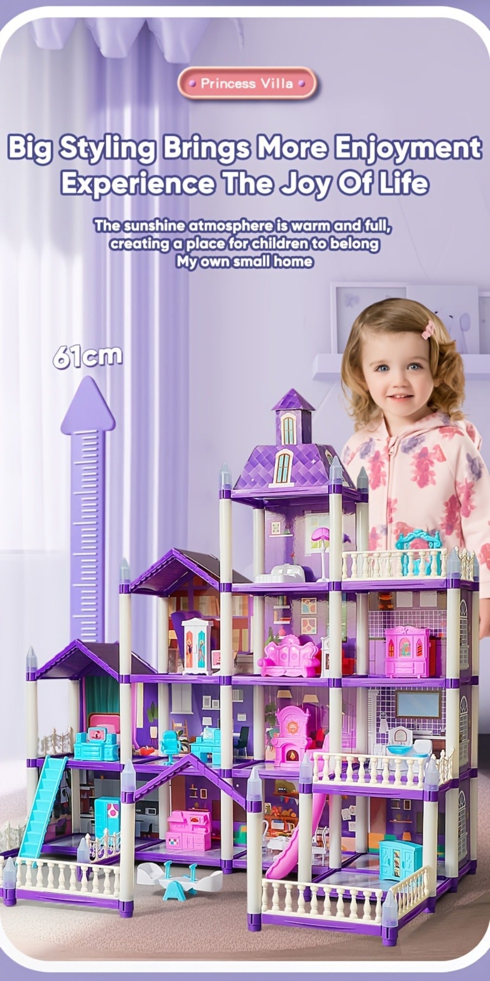 Purple LED Dollhouse Playset with 6 to 16 Room Options and Furniture