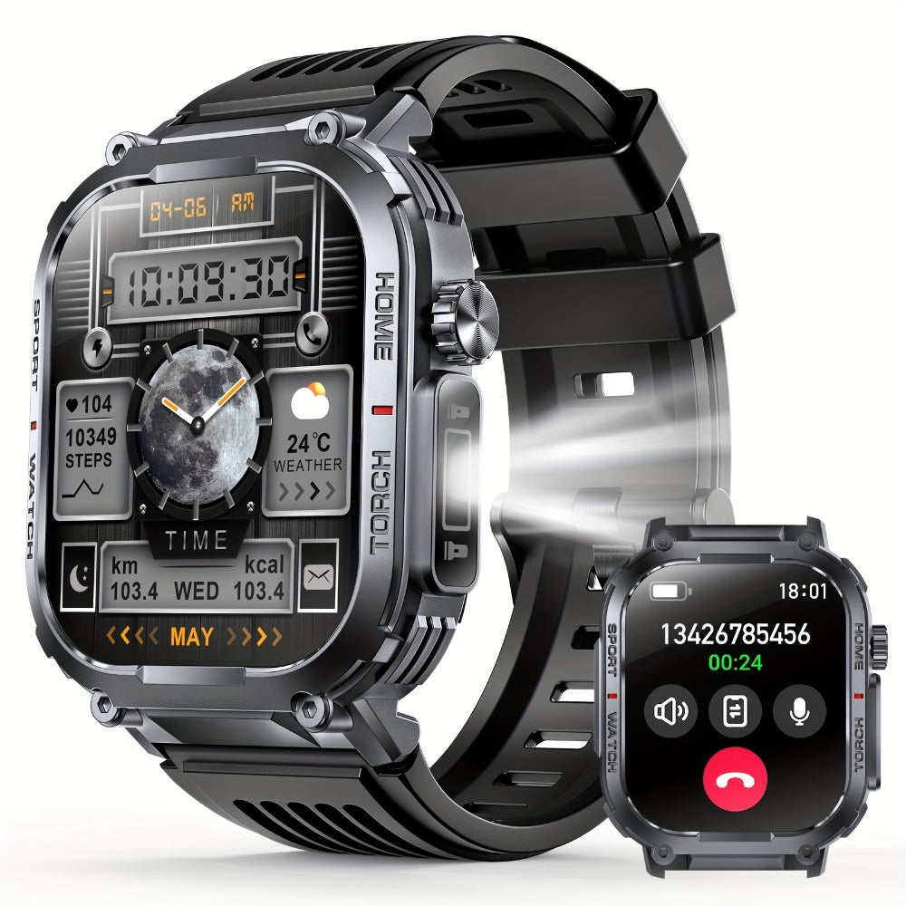 LED Flashlight Smartwatch for Men 2.02 Inch TFT Waterproof Wireless Calling Sleep Monitor Pedometer Activity Tracker iOS Android – Gift for Dad Boyfriend Husband