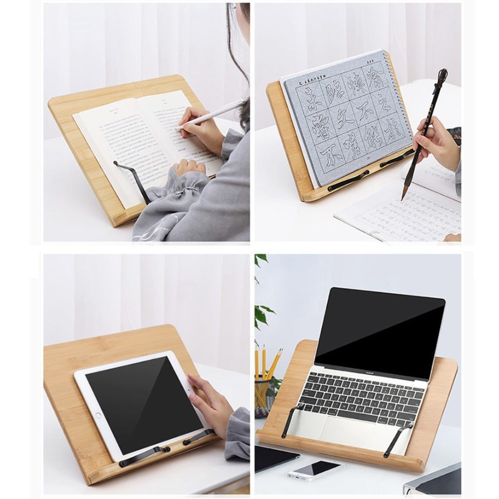 Bamboo Book Stand Adjustable Foldable Portable Reading Stand with Page Clips for Cookbook Tablet E-Reader Textbook Sheet Music Desk Holder Lightweight Sturdy 11x7.9in