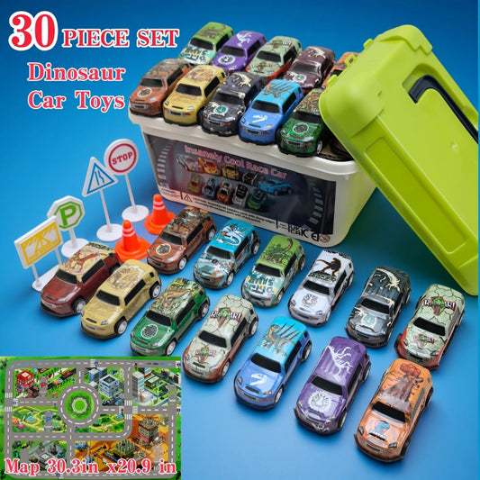 Dinosaur Toy Car Set – Mini Pull Back Cars with Dinosaur Figures & 30.3 x 20.9 in City Traffic Map