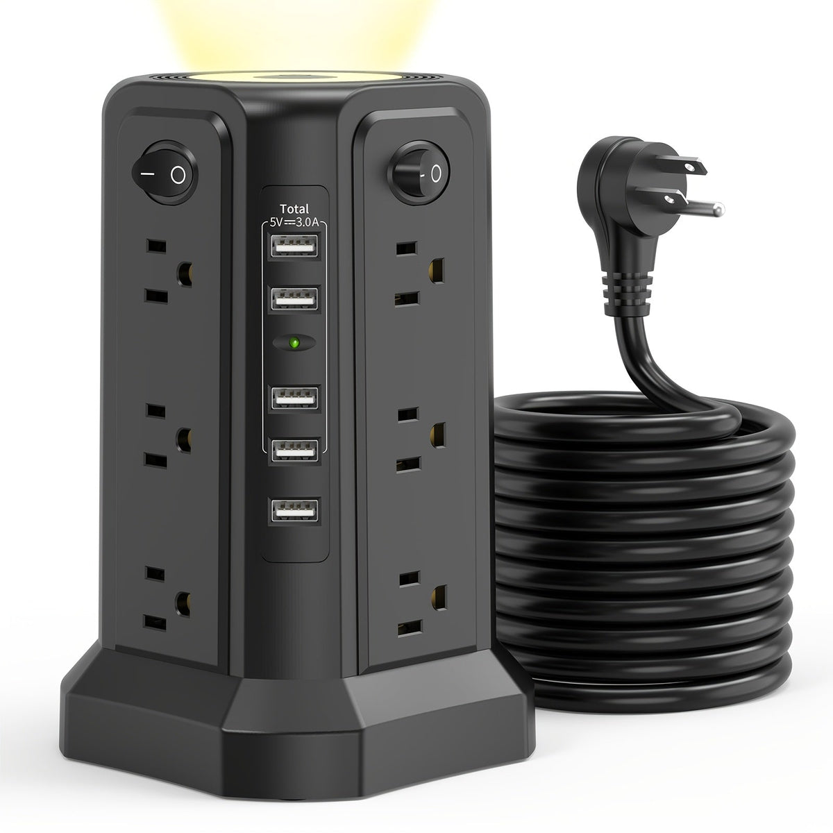 Power Strip Tower Angled Flat Plug 17-in-1 with 12 AC Outlets 4 USB-A 1 USB-C PD 18W 4 Independent Switches 1500J Surge Protector Desktop Extension Cord for Home Office Dorm Room – Black & White