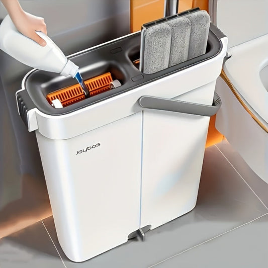 Flat Mop and White Bucket Set with Wringer and Washable Microfiber Pads