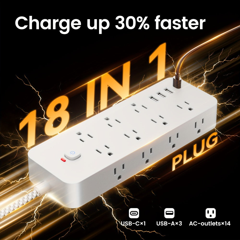 14-Outlet Power Strip Surge Protector 18-in-1 with 14 AC Outlets 3 USB-A 1 USB-C Port Independent Switch Overload Protection Multi-Plug Charging Station for Living Room Bedroom Bedside Office Balcony – Black & White