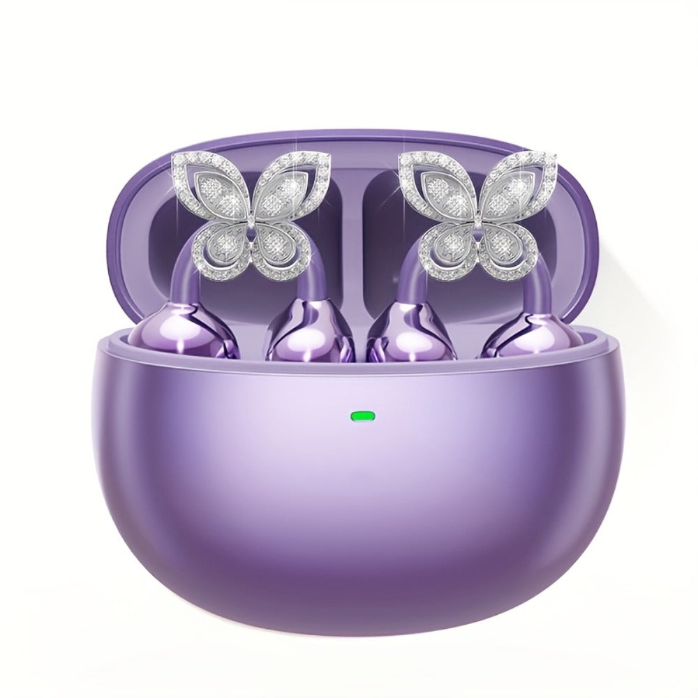Clip On Wireless Earbuds Open Ear Bluetooth Headphones with Detachable Gemstone Earrings ANC Noise Reduction HD Stereo Hands-Free for Sports Exercise Work Study Outdoors