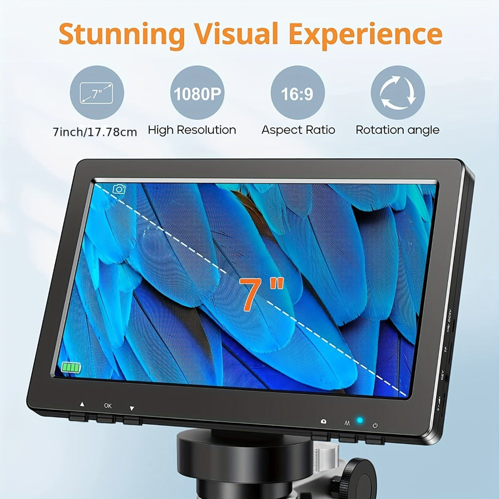 7 Inch LCD Digital Microscope 1200X Magnification, DM9 Coin Microscope 12MP Camera, 8 LED Lights, 32GB Card, Windows Compatible, USB Wired, for Coin Collecting, Jewelry, PCB, Science Education