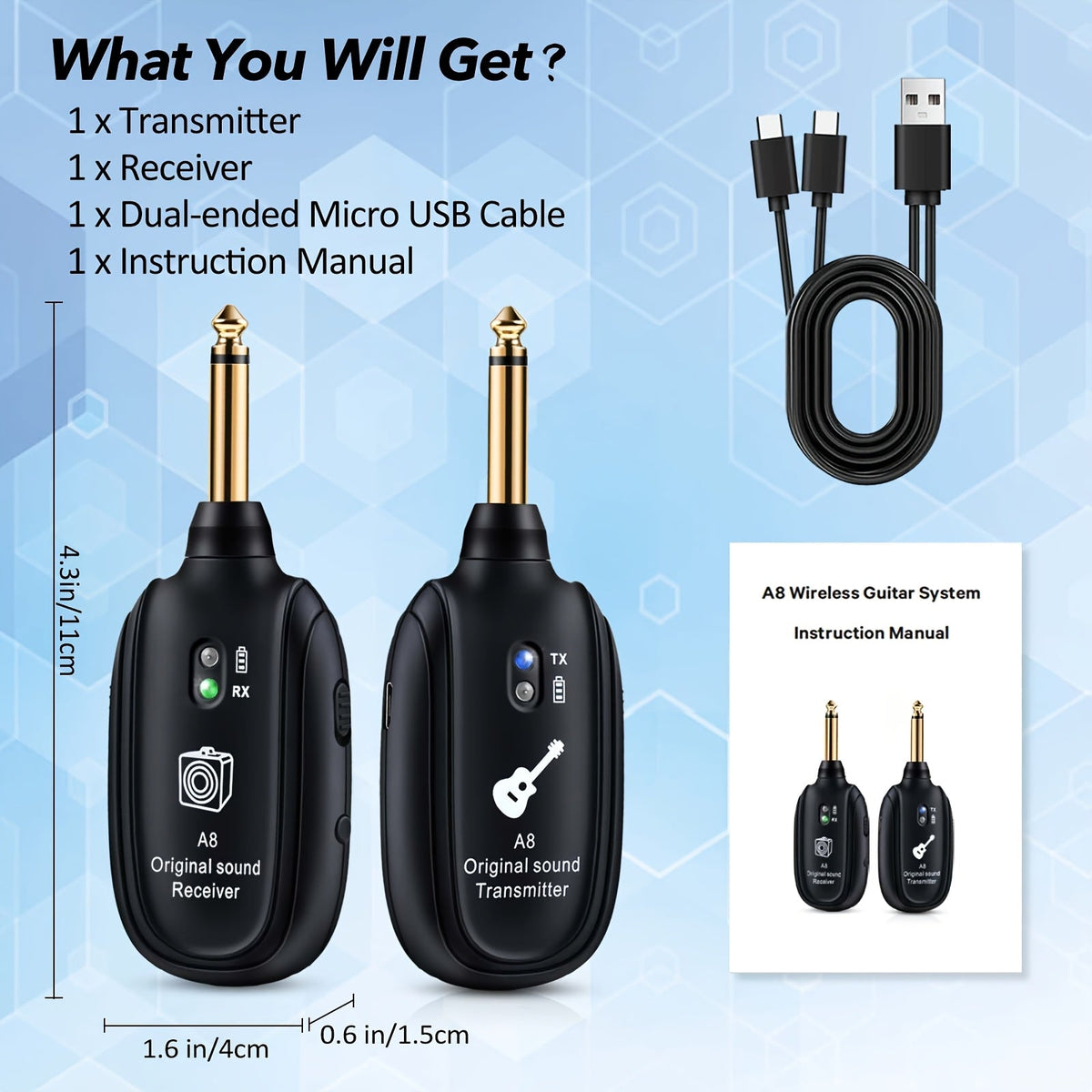 UHF Wireless Guitar System 100ft Range - Plug & Play, Noise-Free Transmission, 2 Transmitters & Receiver, Compatible with Electric Guitar Bass Violin Keyboard, Live Performance Stage Music Gear