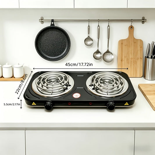 Double Burner Electric Stove with Adjustable Rotary Heat Control, Black