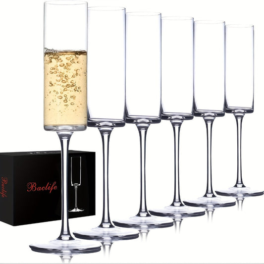 Champagne Flutes Set of 6, 6.5 oz Clear Glass with Stems, Dishwasher Safe