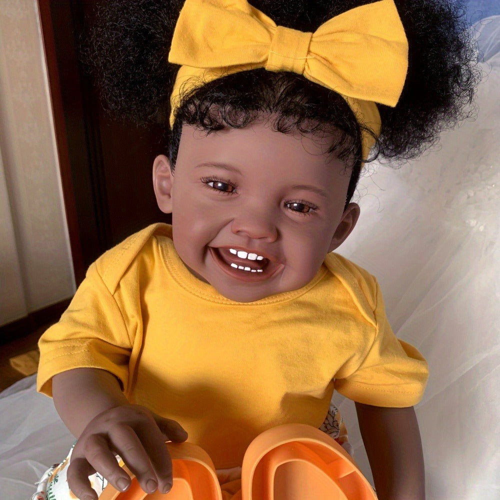 24-Inch Black Reborn Baby Girl Doll with Rooted Hair and Cloth Body
