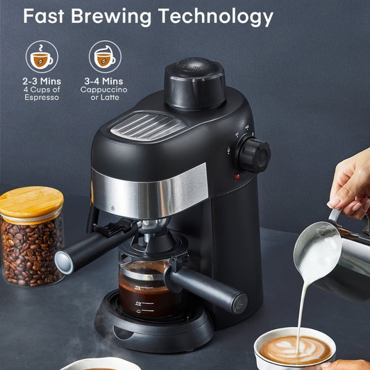 Steam Espresso Machine, 3.5 Bar, 4-Cup Capacity with Milk Frother, Black