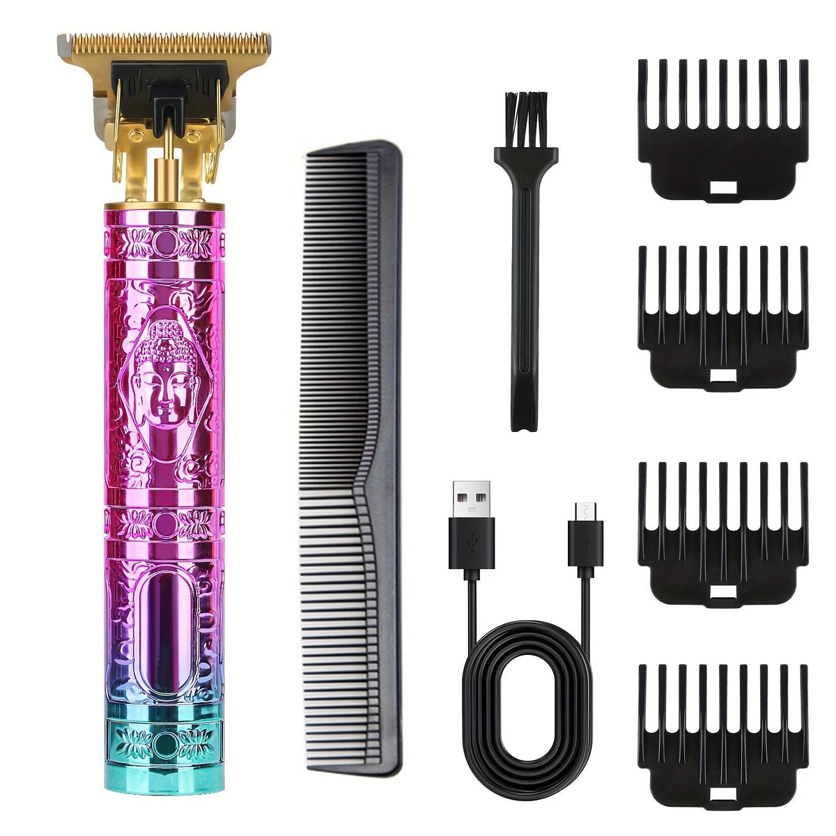 T-Blade Hair Trimmer for Men - Retro Electric Clipper, USB Rechargeable 1000mAh, 240-Min Runtime, 4 Guide Combs, Dragon & Buddha Designs, Black Bronze Blue Purple