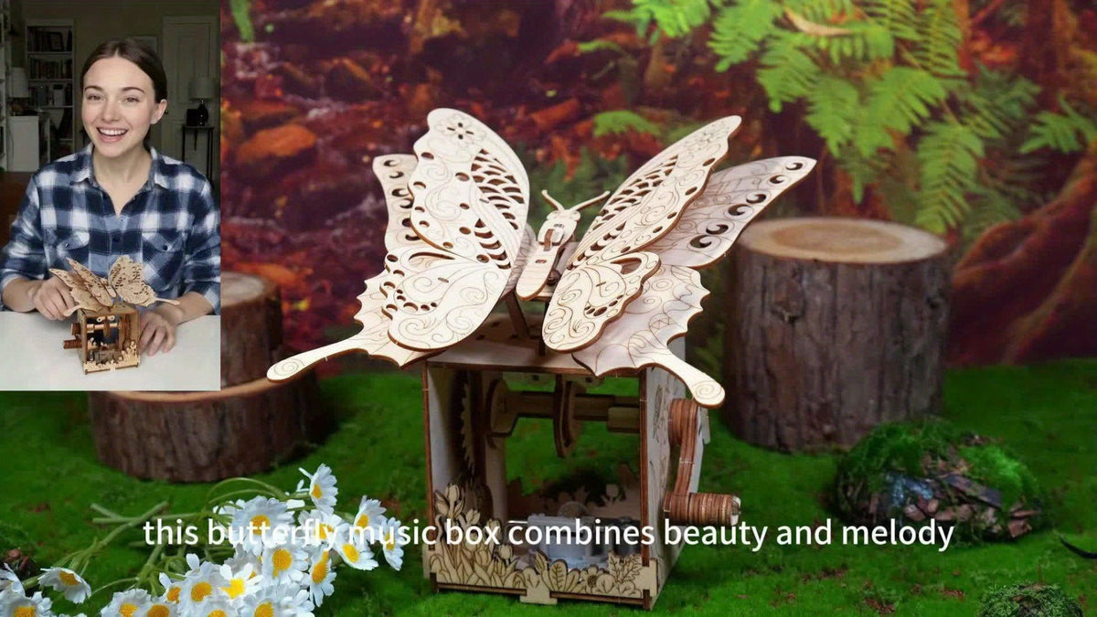 Wooden Butterfly Model Kit, Choose Color Display or Music Box Style