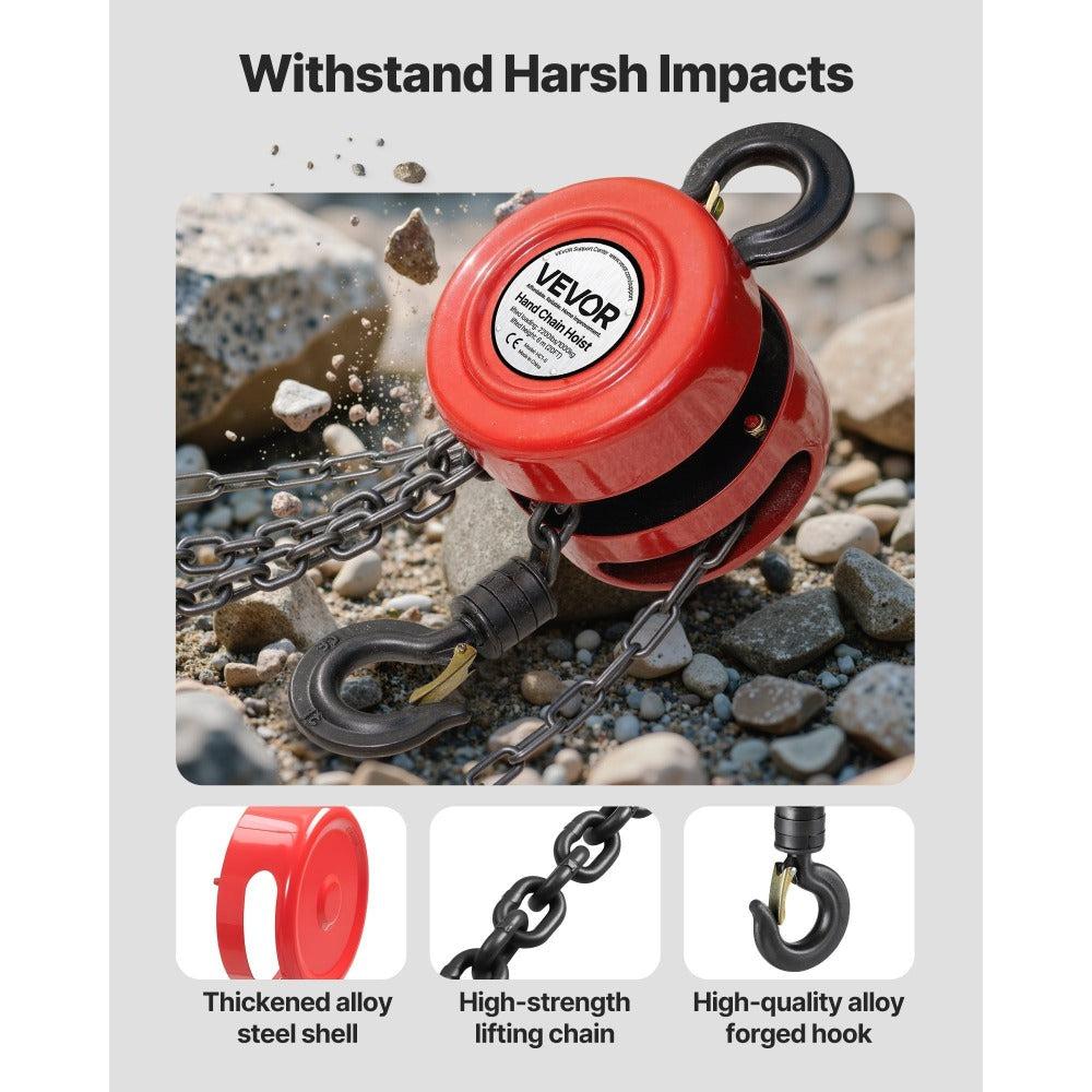 Hand Chain Hoist 2200 lb / 4400 lb Manual Chain Block with G70 Chain – 8 ft / 10 ft / 20 ft Lift Height, 360° Rotating Hooks, Security Brake, for Garage, Construction & Warehouse Lifting