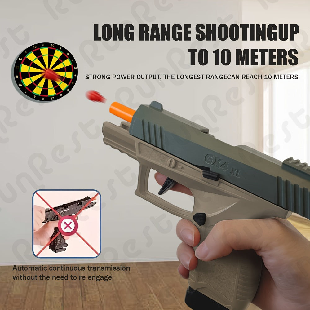 Soft Bullet Toy Gun with Jumping Shell & 2 Magazines – 100 Bullets 12 Shells Auto Rebound Decompression Pistol Shooting Toy for Kids Boys Ages 6+, Indoor Outdoor Play Birthday Gift