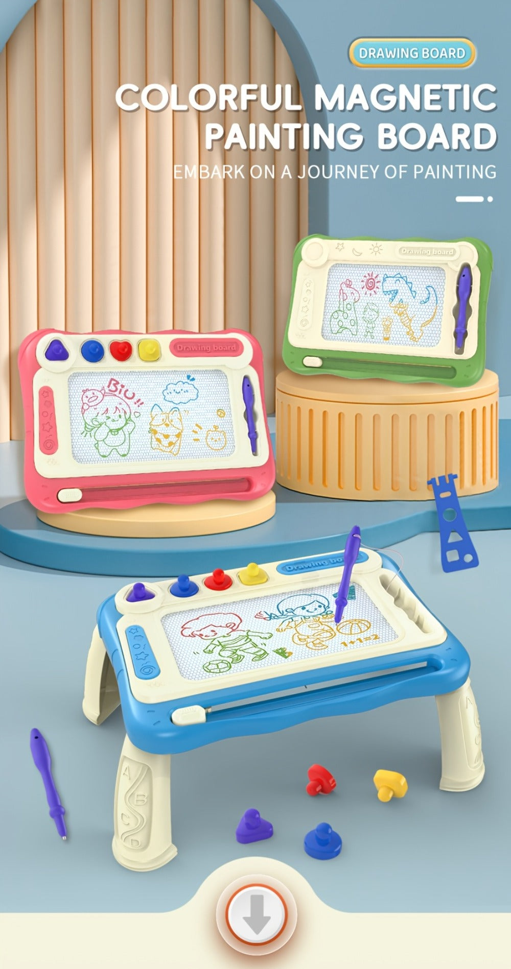 Kids Drawing Board Easel Upgraded with 4 Stamps & Paintbrush – Sturdy Legs Brackets Early Learning Art Toy for Toddlers Boys Girls Ages 3-8 Birthday Easter Christmas Gift Blue Pink Green