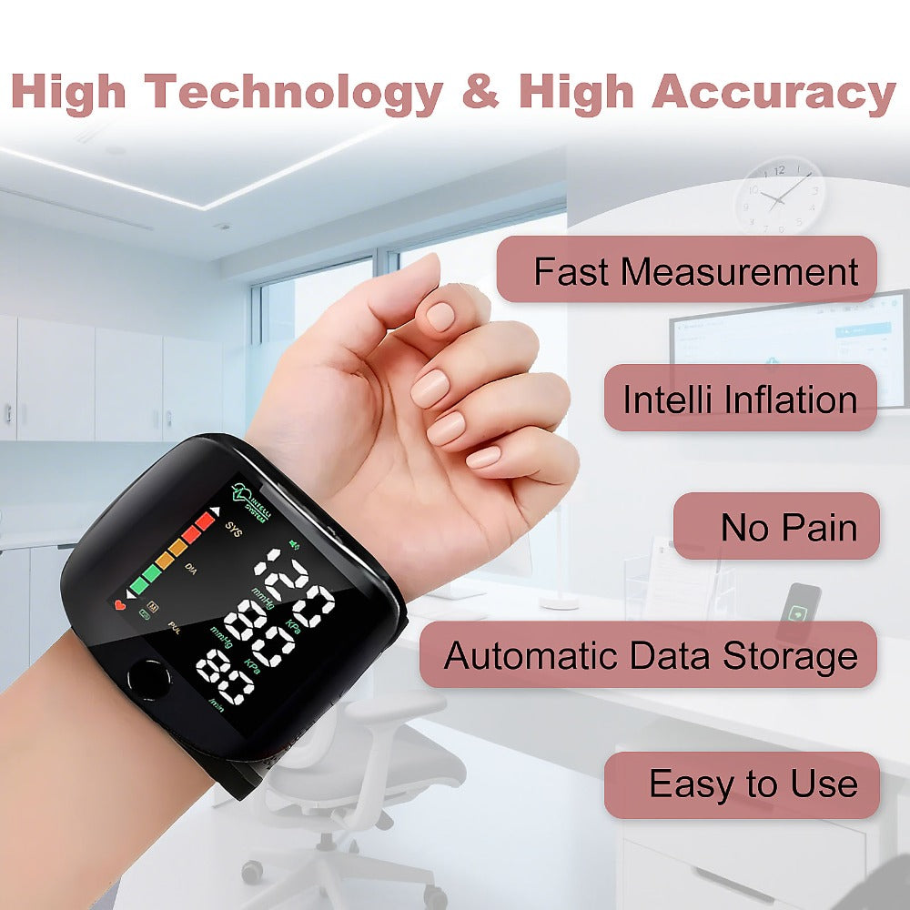 Wrist Blood Pressure Monitor with Large LCD Display – Portable Digital BP Machine with Adjustable Cuff, Pulse Rate Detection & One-Button Operation for Home Use