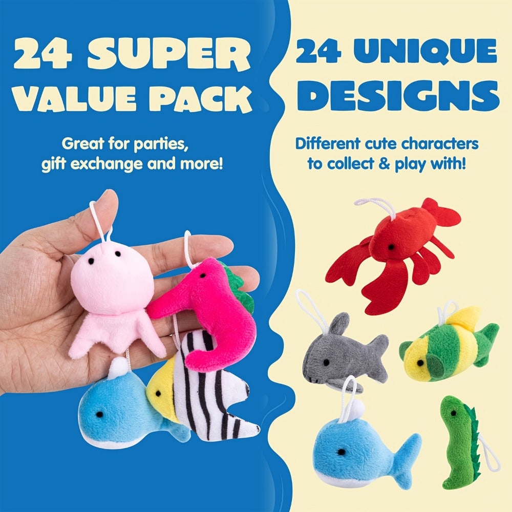 Mini Sea Animal Plush Keychains Bulk 24-Pack, Party Favor Toy Set