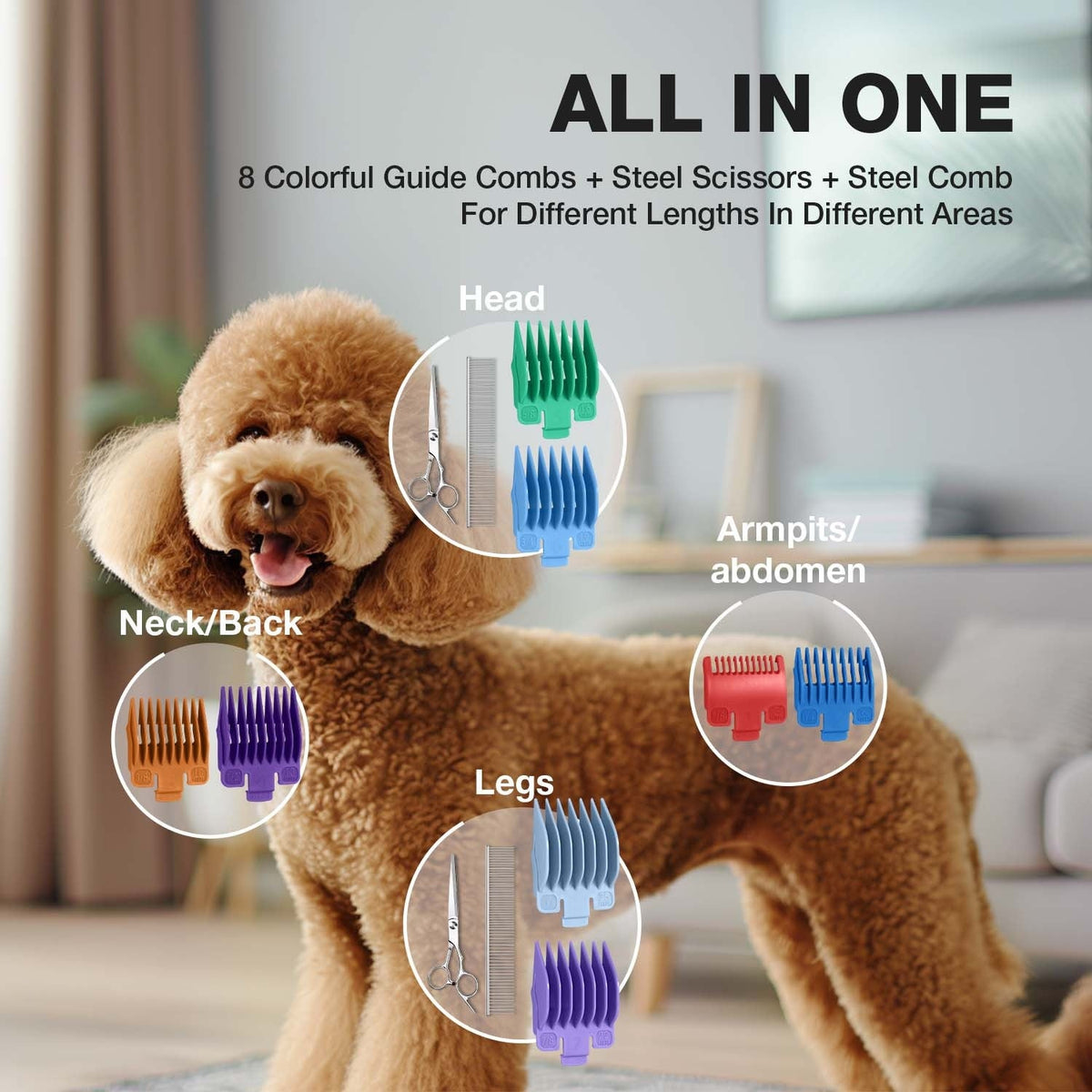 Dog Grooming Clippers Professional Kit - Low Noise Rechargeable Pet Hair Trimmer with Ceramic Blade, 8 Guards, Scissors & Comb for Dogs, Cats & Thick Coats