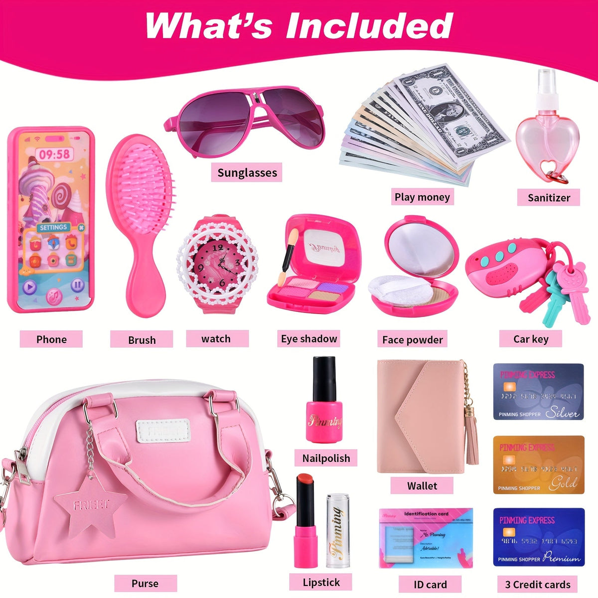 Pretend Play Purse Set with Toy Phone, Pretend Makeup, Keys & Crossbody Bag, Pink