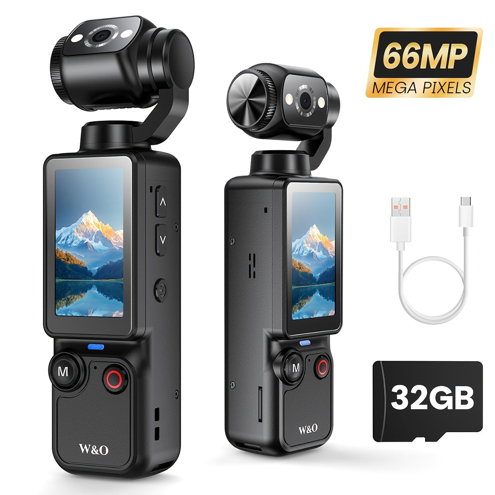 4K Pocket Sports Camera with Gimbal Stabilizer 16X Zoom 180 Degree Rotation 2000mAh Rechargeable 32GB Memory USB Charging Portable Vlog Body Camera for Outdoor Sports Travel Content Creators Black White