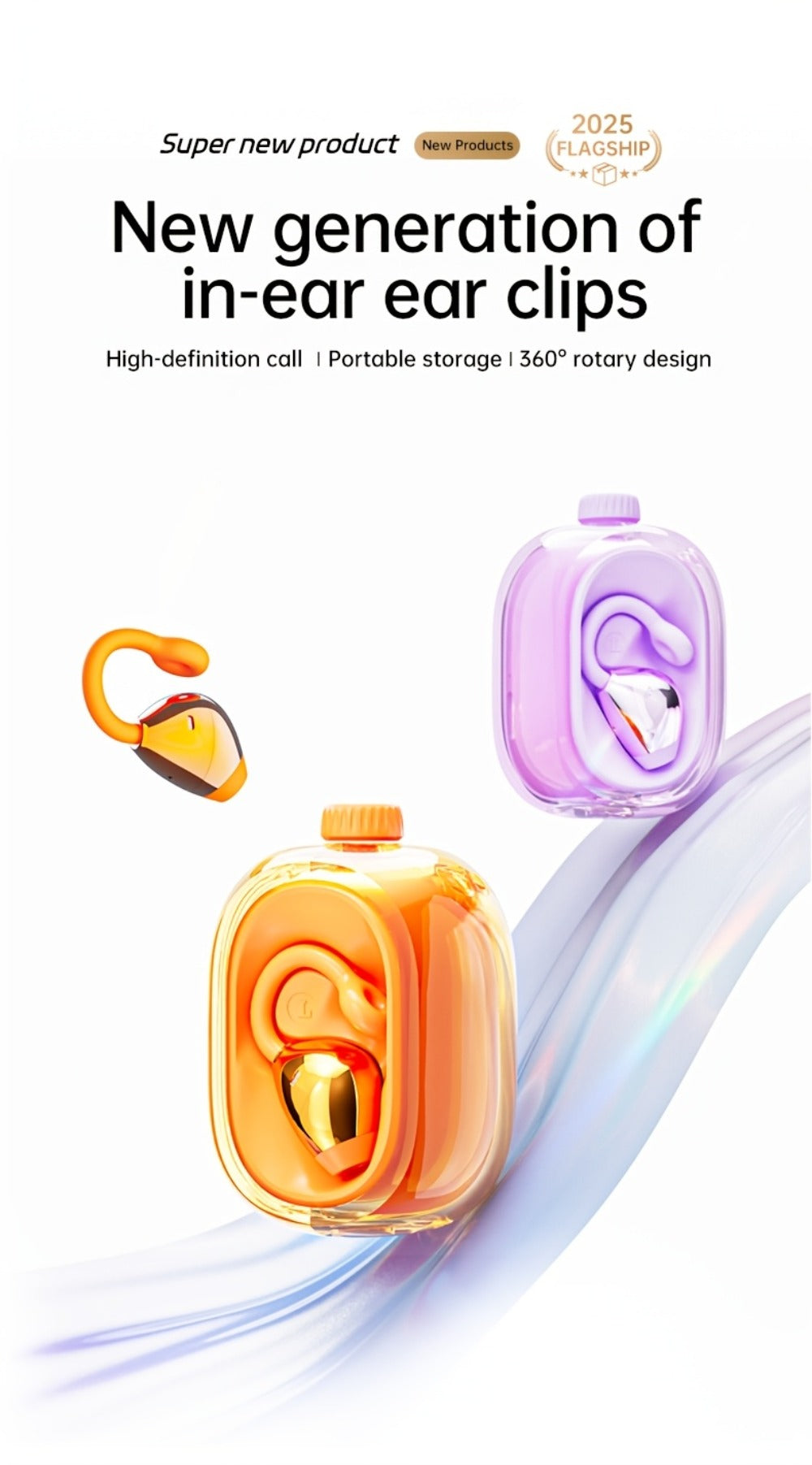 40H Open Ear Clip Earbuds OWS 6.0 TWS Sport Wireless Headphones Noise Cancelling Mic Transparent Case Lanyard Glasses Wearers Small Ears Gym Fitness Workout Orange Black Purple Grey
