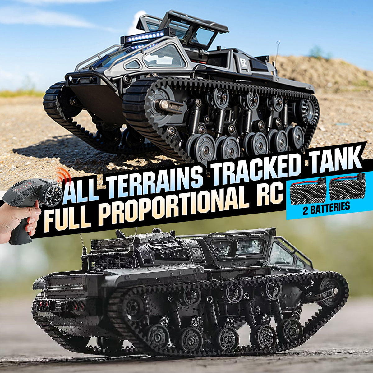 Full-Proportional RC Tracked Tank with LED Lights, Alloy Body Military Vehicle, Grey or Brown