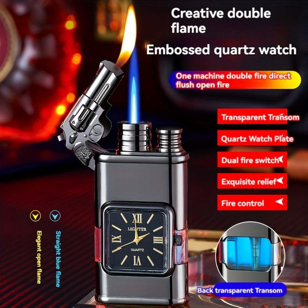 Double Flame Windproof Lighter Creative Retro Metal Lighter Dragon Eagle Gun Shape Quartz Dial Portable Outdoor Lighter Men Gift Box Butane Gas Not Included
