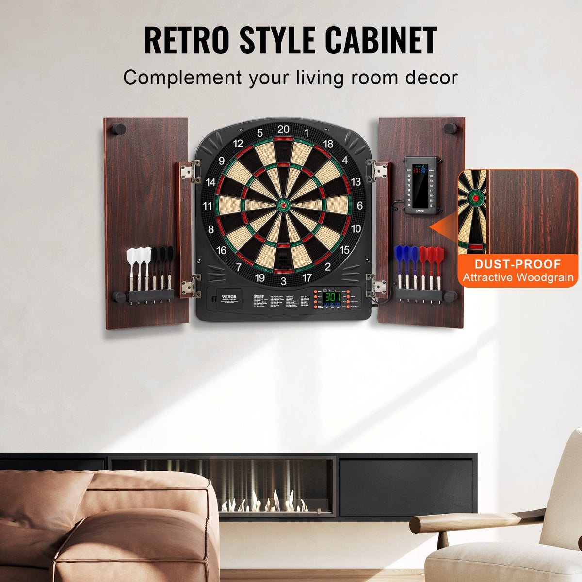 Electronic Dartboard Cabinet Set with LED Scoring – 13.5" Soft Tip, 40 Games 590 Variations, Retro Wood Cabinet, 1-8 Players, 12 Darts & All Accessories Included