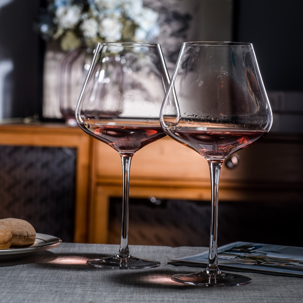 Hand Blown Red Wine Glasses Set of 4 – 23 Oz Crystal Burgundy Wine Glass with Long Stem – Unique Handcrafted Glassware Gift for Wedding, Anniversary, Christmas, Housewarming – Clear Stemmed Glass