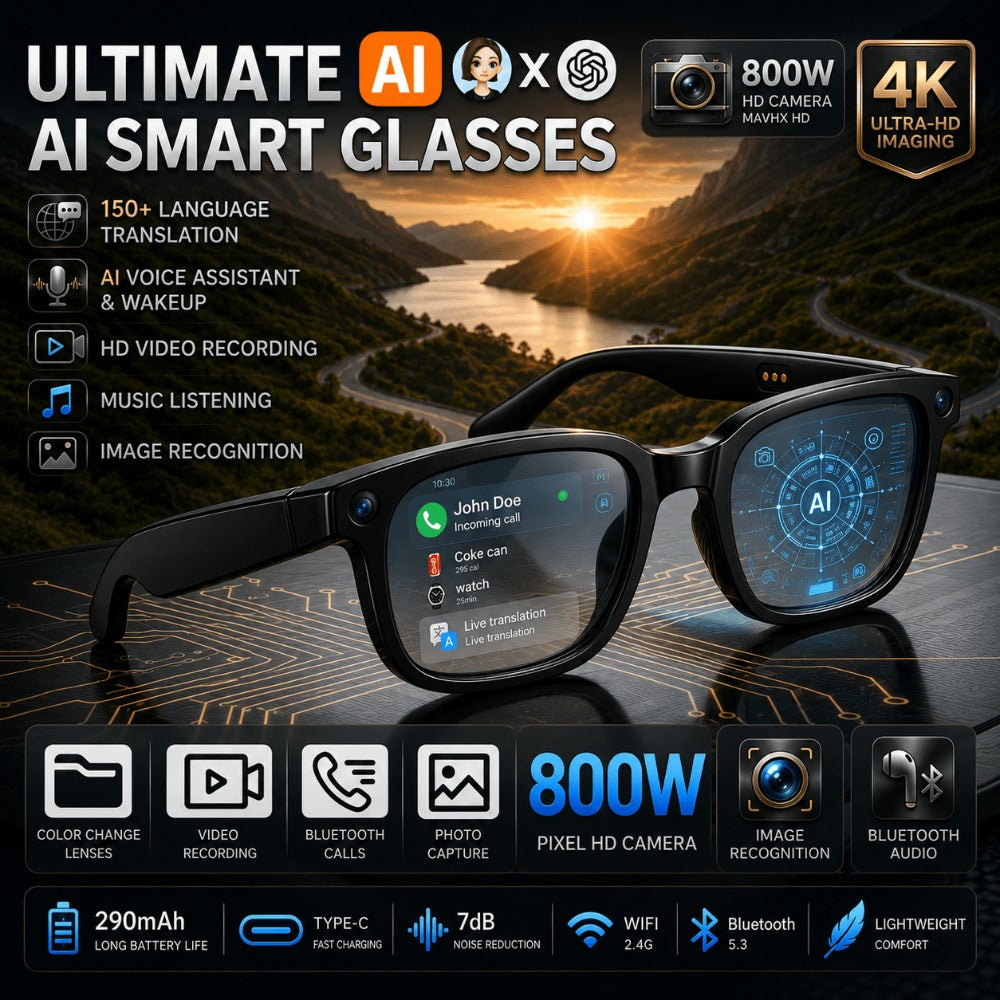 AI Smart Glasses 8MP HD Camera - Real-Time Translation, Bluetooth Call & Music, AI Object Recognition, Touch Control, Wearable Video Recording Glasses for Men Women Travel Outdoor 2026