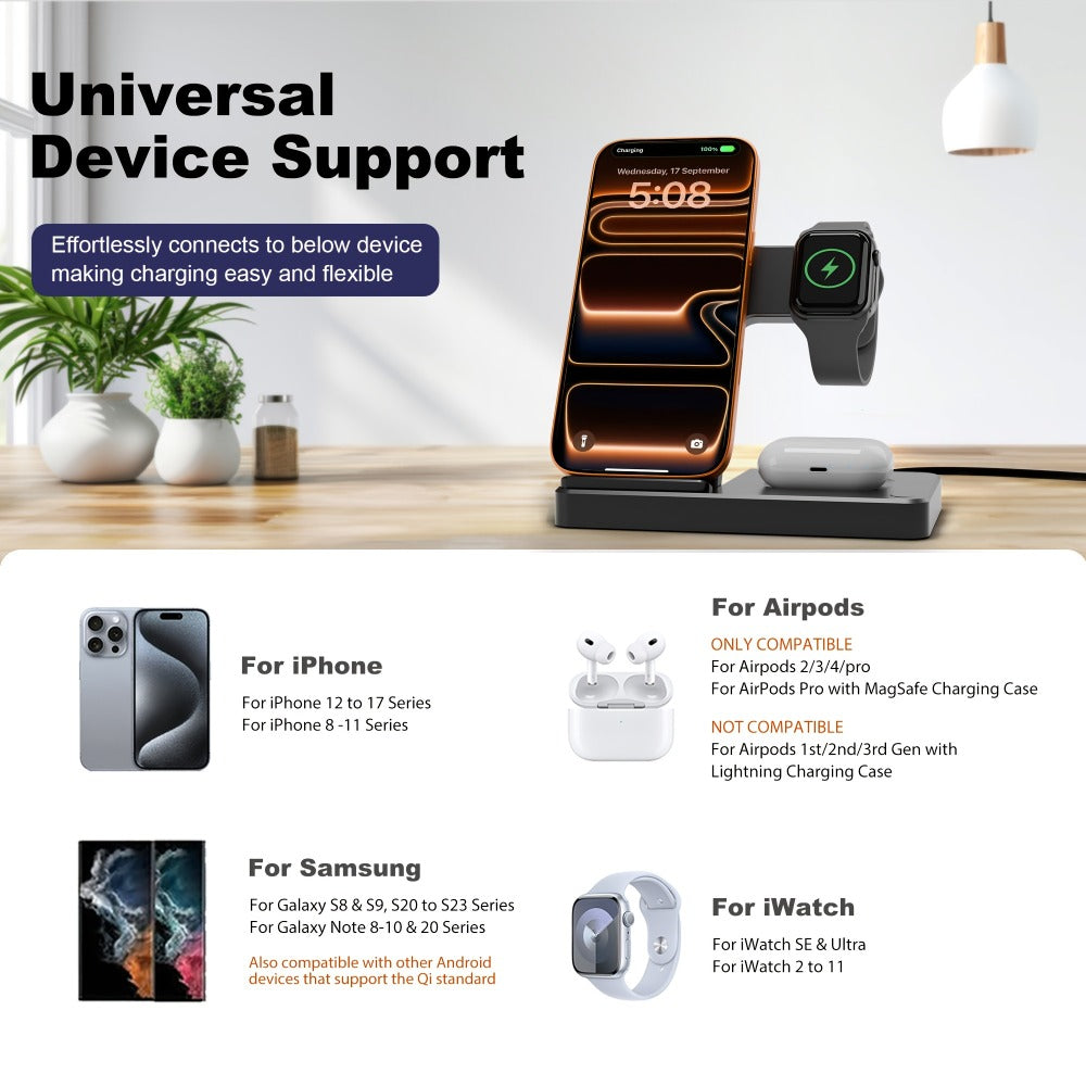 Foldable 3-in-1 Wireless Charging Station with LED Indicator & Anti-Slip Fast Charge for iPhone 17 16 15 14 13 12 11 Pro Max XR XS, Apple Watch Ultra Series 11 10 9 8 7 6 5 SE, AirPods 4 3 2 Pro & Samsung Galaxy – Black White, With/Without Adapter