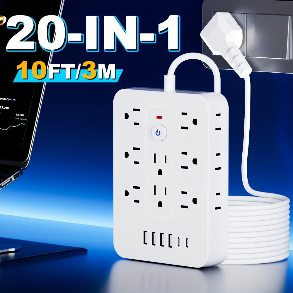 Compact Flat Plug Power Strip 20-in-1, 14 AC Outlets & 6 USB Ports (4 USB-A + 2 USB-C), Lightning Surge Protection, Space-Saving Extension Cord for Home Travel Office Kitchen – Overload Protection